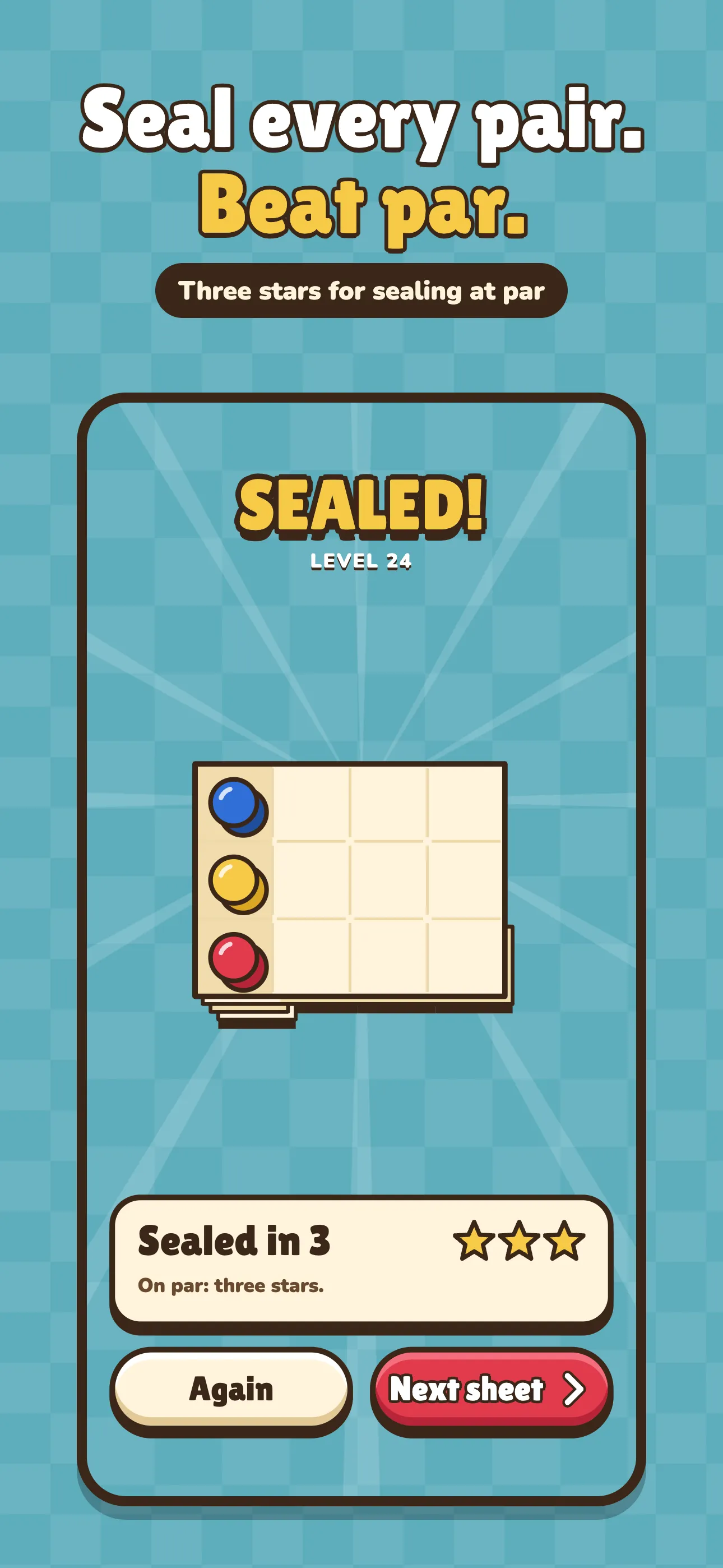 Seal every pair. Beat par. Level 24 sealed in three folds, with three stars.