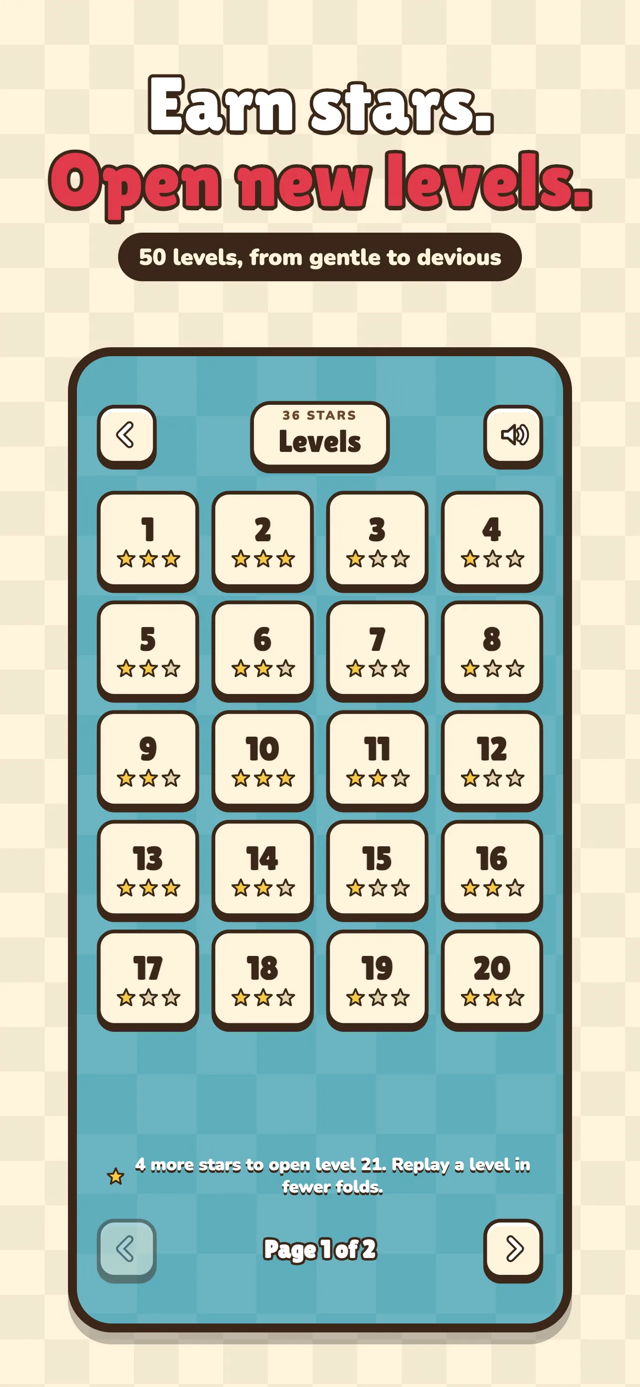Earn stars. Open new levels. The level map, four stars short of level 21.